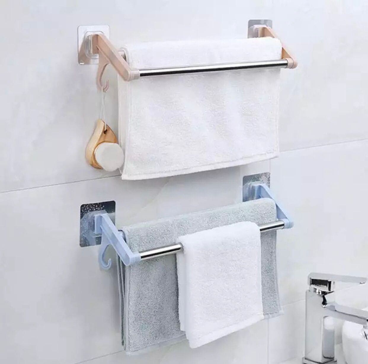 Stainless Steel Wall Mounted Double Shelf Bathroom Towel Rack, Self Adhesive Bath Wall Shelf with 2 Hooks, Wall Mounted Non Perforated Kitchen Utensils Rack Stainless Steel Wall Mounted Double Shelf Bathroom Towel Rack, Self Adhesive Bath Wall Shelf with 2 Hooks, Wall Mounted Non Perforated Kitchen Utensils Rack